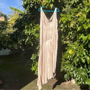 Bec + Bridge champagne tan satin draped asymmetrical‎ hem sleeveless midi dress